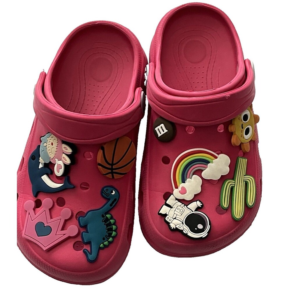 Kids Clogs Pink With Jibbitz Charms Sun Rainbow Astronaut Dinosaur Dolphin Sz10
